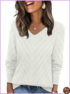 V-Neck Crochet Knit Long Sleeve Sweater Pullover Lightweight Casual Top